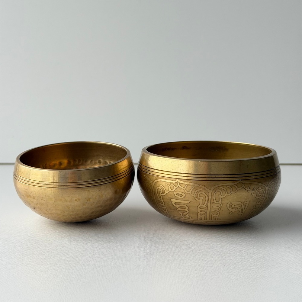 Vintage Tibetan Singing Bowl Set Gold Brass Hammered Etched Engraving Zen